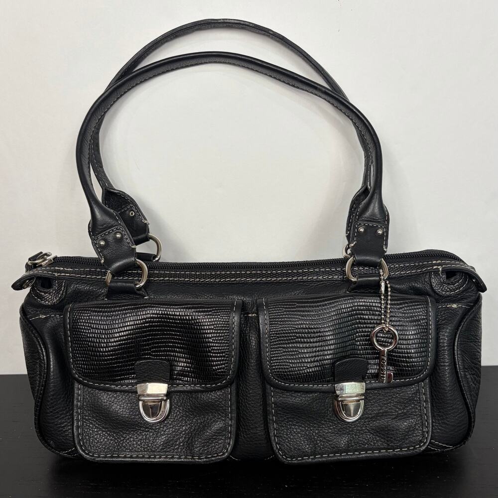 Fossil Y2K Black Leather Baguette Shoulder Purse Bag Double Front Pockets